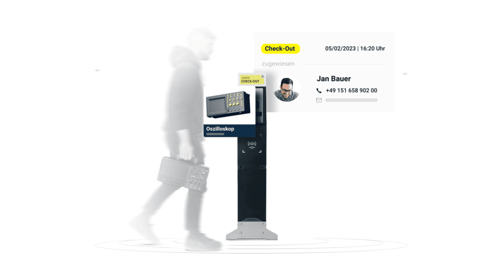 A man walks past an electronic check-out kiosk, carrying a toolbox. Onscreen, a digital display shows a check-out confirmation with the name Jan Bauer, a phone number, and the date and time.