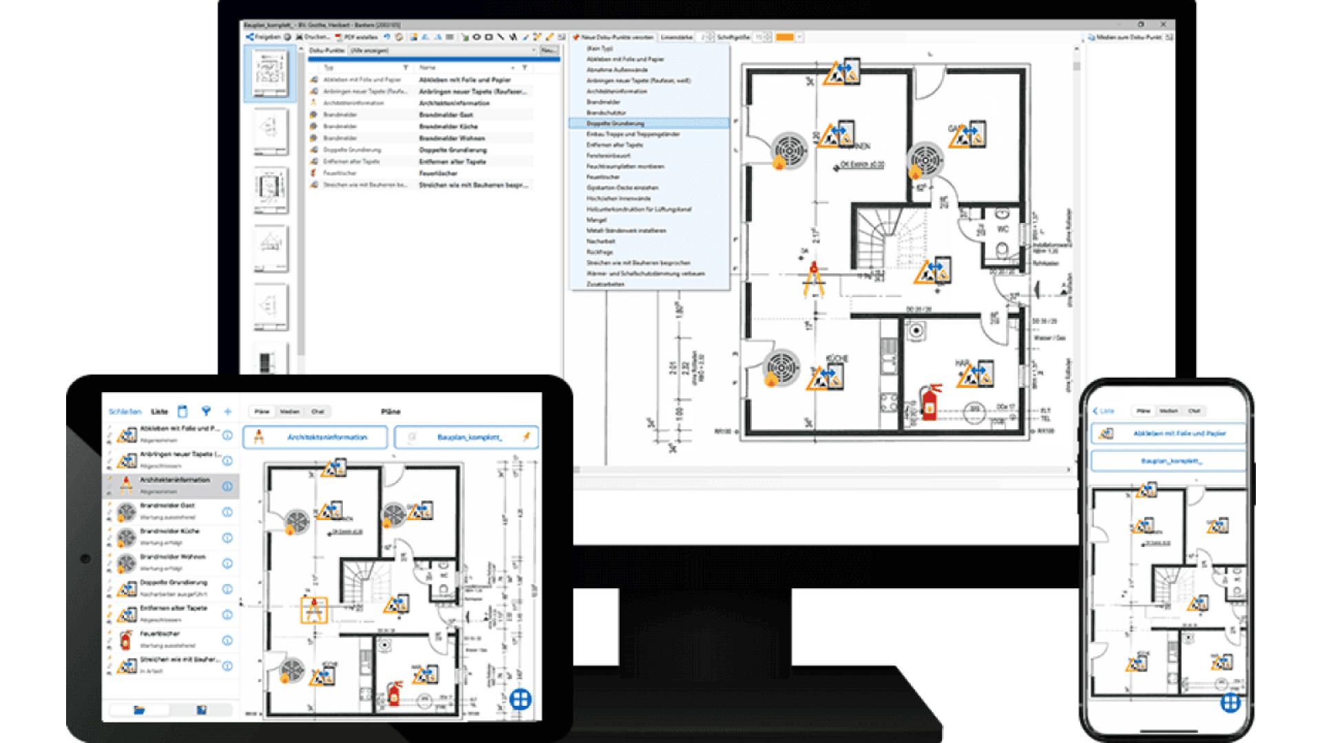 A computer monitor, tablet, and smartphone display a floor plan with icons, illustrating synchronized building layout software on different devices.