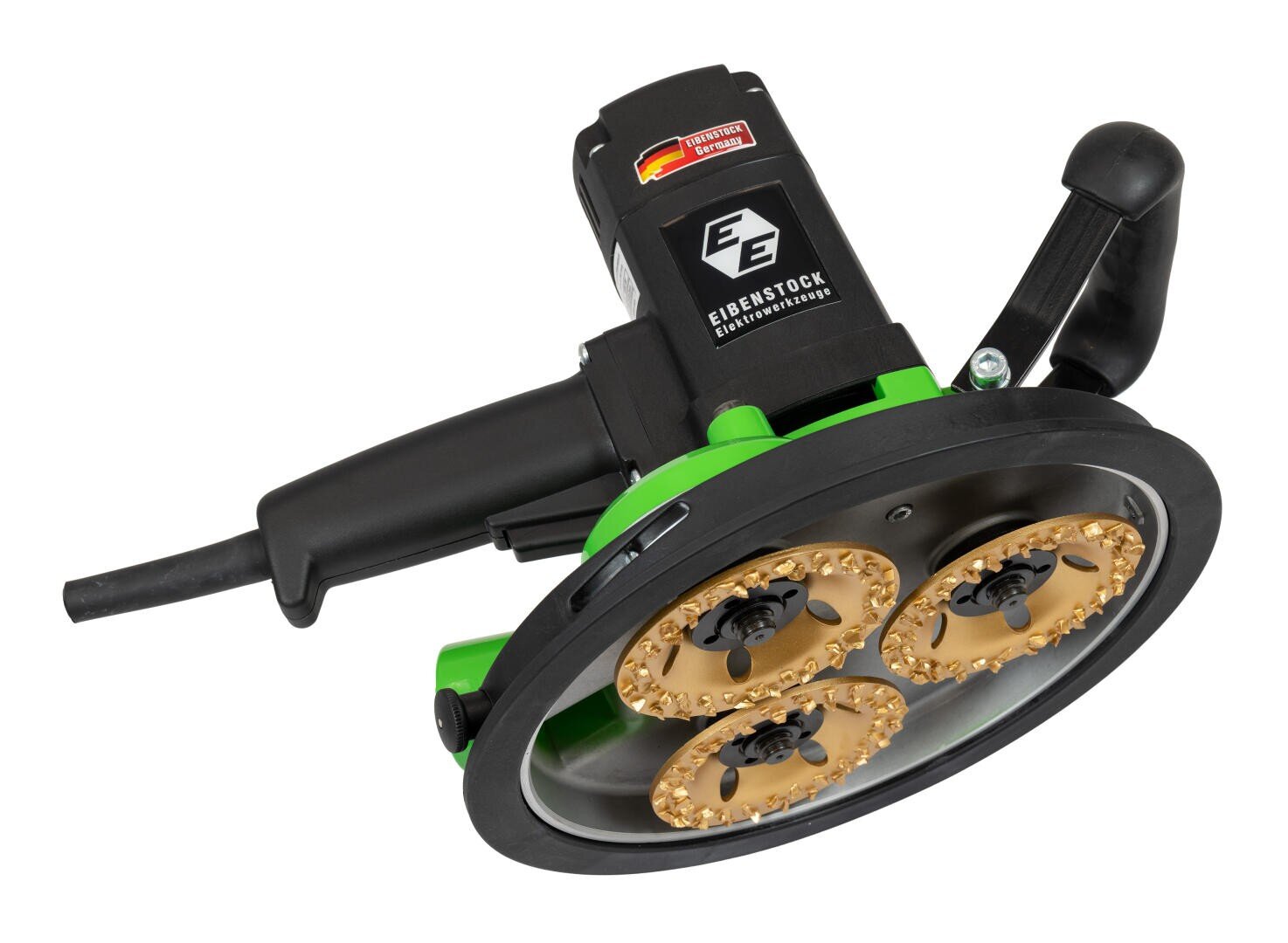 Eine Nahaufnahme eines Elektrowerkzeugs von Eibenstock mit drei rotierenden Schleifscheiben und einem schwarzen Griff, das zur Oberflächenvorbereitung oder zum Betonschleifen verwendet wird.