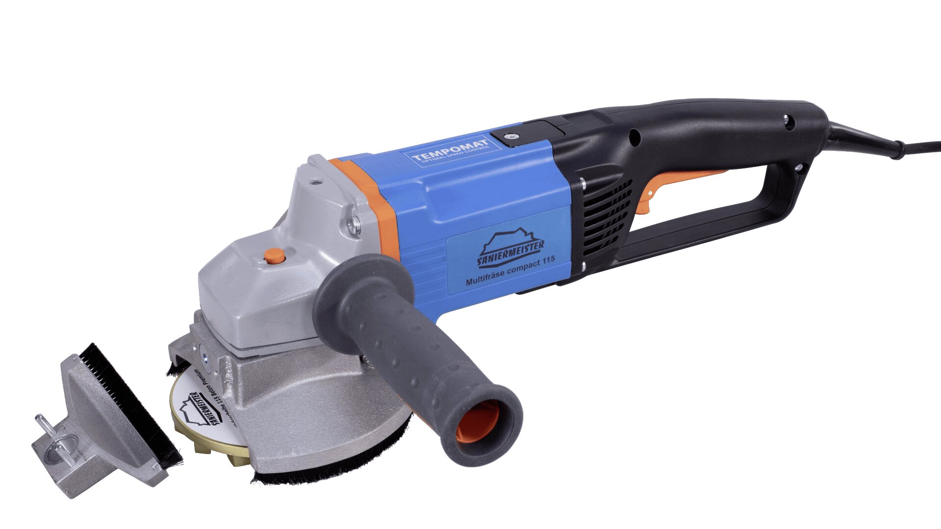 Ein handgeführtes elektrisches Schleifgerät mit blau-schwarzem Korpus, grauer Front und angesetztem Seitengriff, auf dem Gehäuse mit der Aufschrift TEMPOMAT und Baummeister.