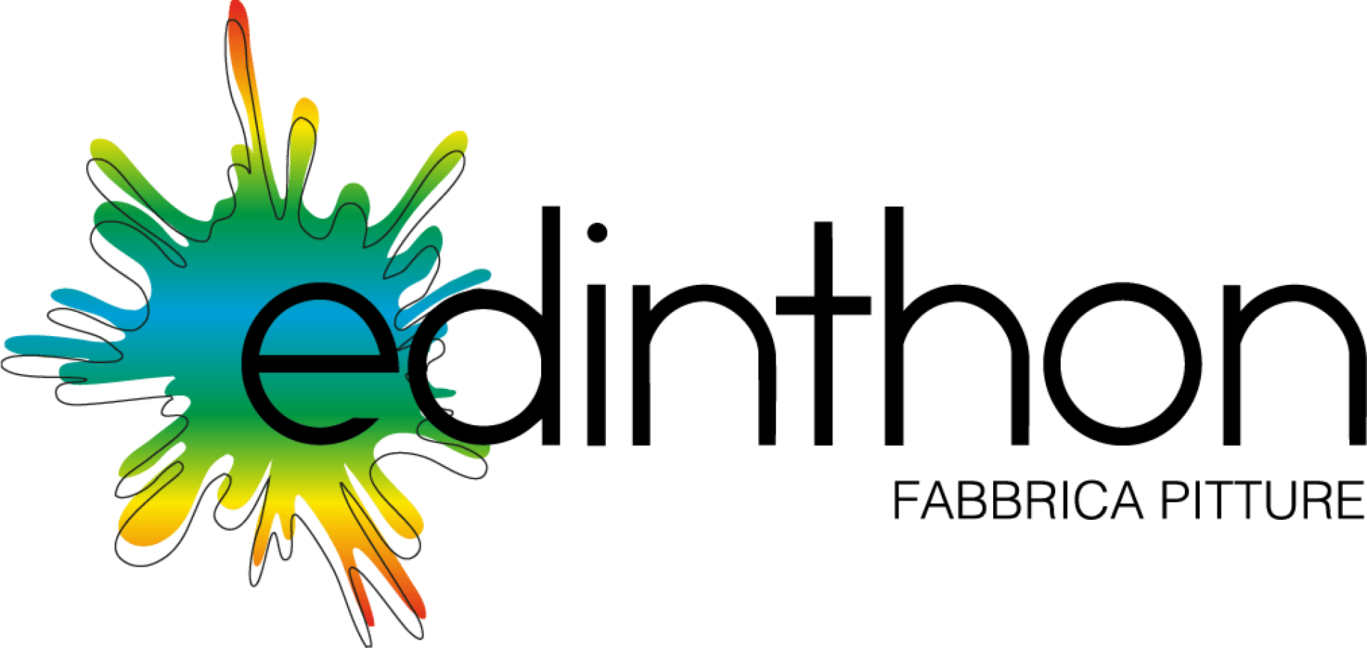 Logo von Edinthon Fabbrica Pitture, mit dem Wort „Edinthon“ mit einem bunten Farbklecks hinter dem „Ed“ und den Worten „FABBRICA PITTURE“ in kleinerer Schrift unter dem „Thon“.