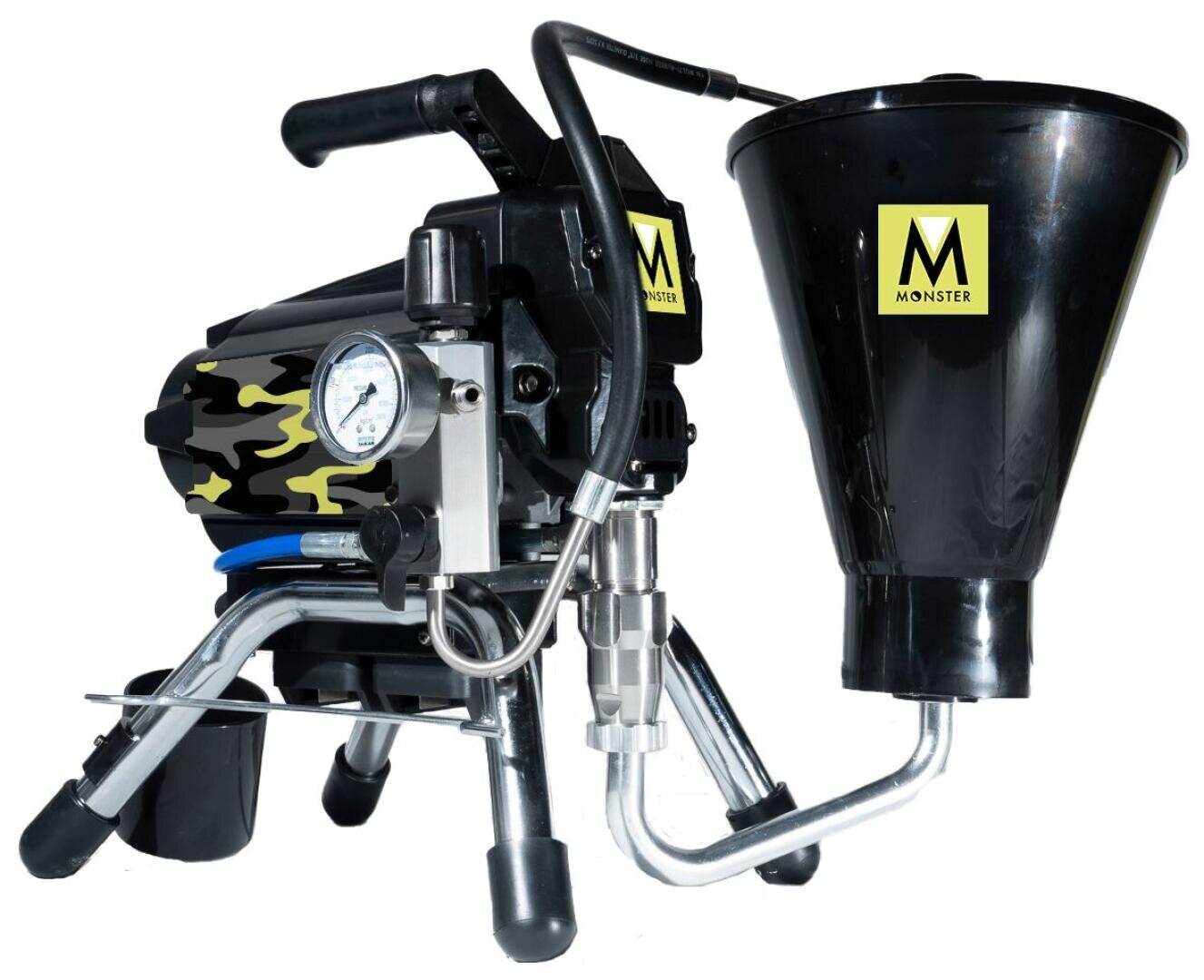 Eine schwarz-gelbe Farbspritzpistole der Marke MONSTER mit großem Trichter, Druckmesser, Griff und stabilen Metallbeinen, konzipiert für anspruchsvolle Malerarbeiten.