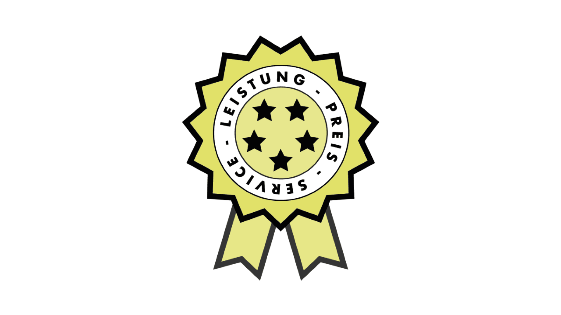A yellow ribbon badge with four black stars in the center. Around the stars, the words LEISTUNG, PREIS, and SERVICE appear in a circular layout. The badge has a white background.