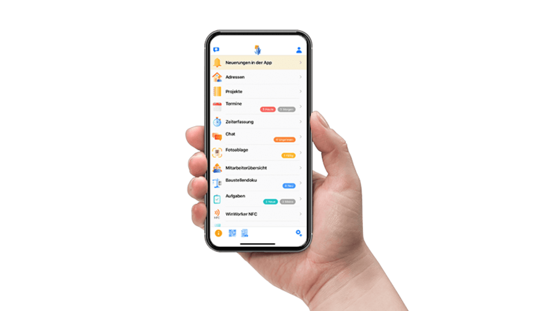 Eine Hand hält ein Smartphone, auf dem auf weißem Hintergrund eine deutschsprachige App mit bunten Symbolen und einer Liste von Menüoptionen wie Adressen, Projekte, Termine, Chat und Aufgaben angezeigt wird.