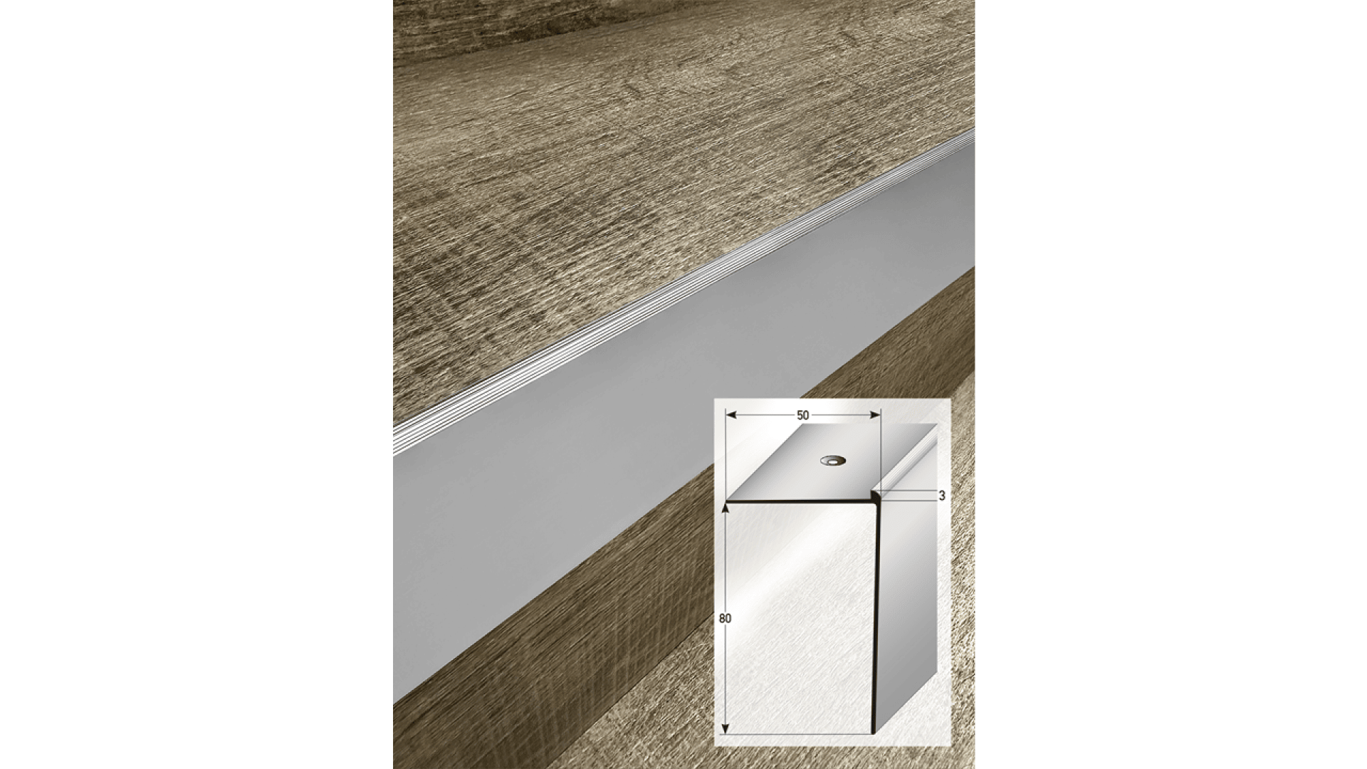 A metallic corner profile installed on the edge of a stair, blending with a textured brown surface. Inset shows a close-up with dimensions 50 mm x 50 mm, labeled with a small screw hole at the corner.