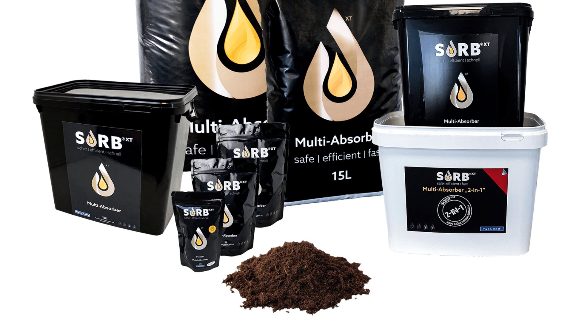 Assorted containers and bags labeled “SORB XT Multi-Absorber” displayed with a pile of brown absorbent material in front, all featuring a black and gold droplet logo.