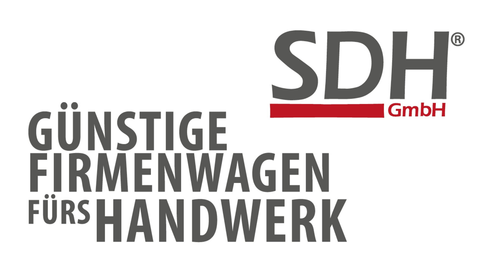 Grau-rotes Logo der SDH GmbH über dem deutschen Text „Günstige Firmenwagen fürs Handwerk“ auf weißem Hintergrund, das für günstige Firmenwagen für Handwerker wirbt.