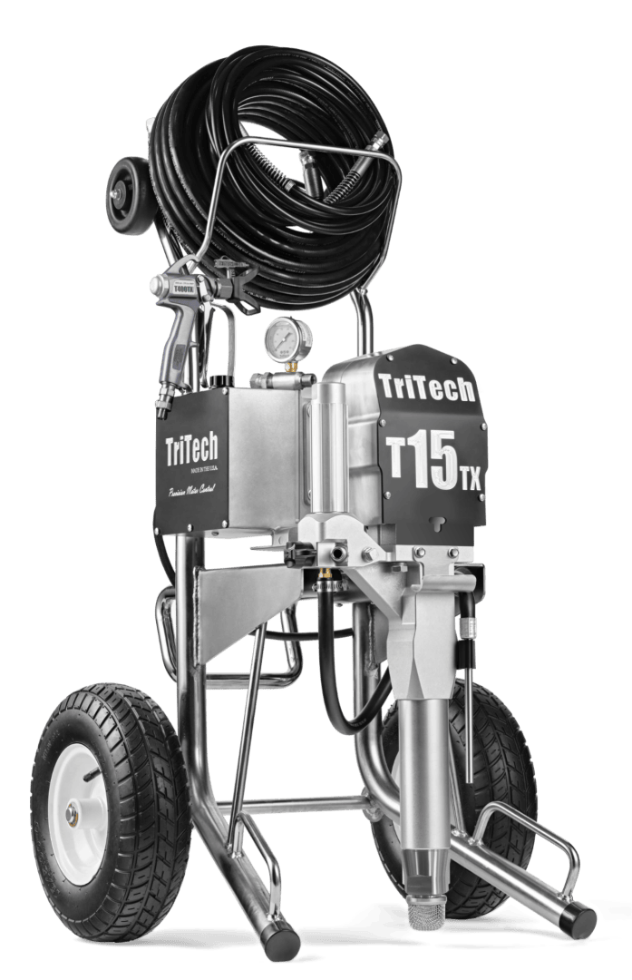 Airless paint sprayer machine with large wheels, a coiled hose on top, pressure gauge, stainless steel frame, and labeled “TriTech T15 TX” on the front.