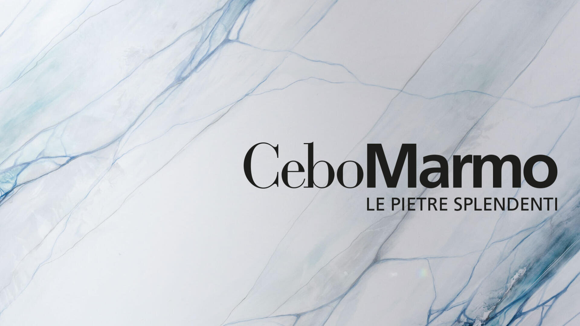 White marble background with light blue-grey veins, featuring the text CeboMarmo in bold black letters and LE PIETRE SPLENDENTI underneath in smaller uppercase letters.