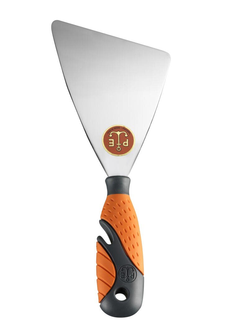 A metal scraper with a wide, triangular stainless steel blade and an orange and black rubber handle, featuring a round logo near the blade.