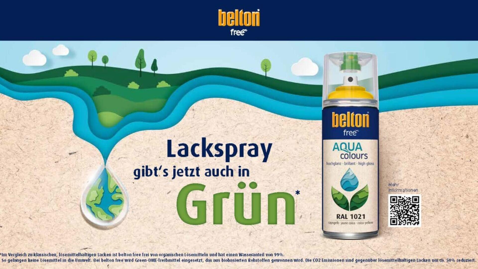 An advertisement for belton free AQUA spray paint in green, featuring a spray can on the right and a water drop illustration blending into a landscape on the left. Text in German says, “Lackspray gibt’s jetzt auch in Grün.”.