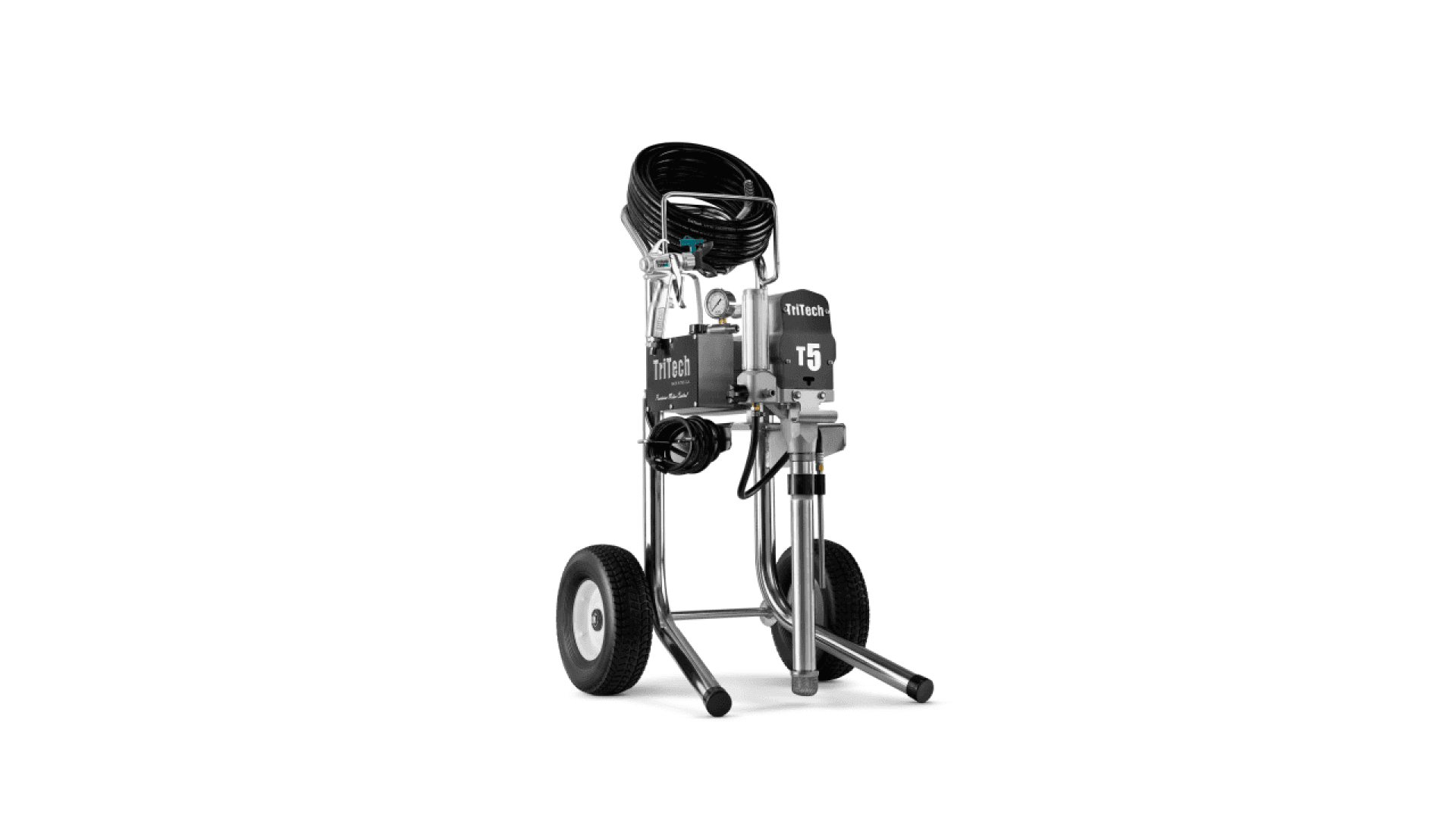 Ein Airless-Farbspritzgerät auf Rädern mit einem oben aufgerollten Schlauch und der Aufschrift „Titan Impact 1540“ steht auf einem weißen Hintergrund.