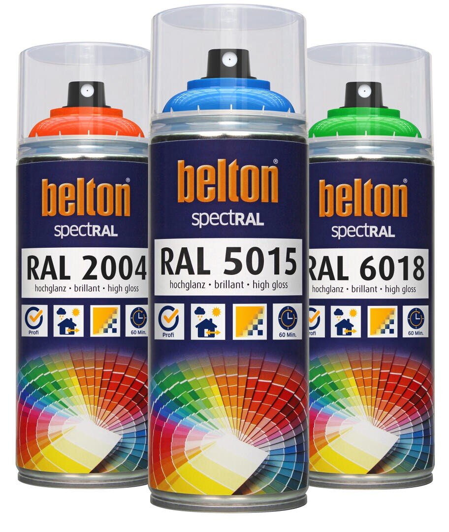 Abgebildet sind drei Dosen Belton Spectral Sprühfarbe. Die Dosen sind mit den Farben RAL 2004 (orangefarbener Deckel), RAL 5015 (blauer Deckel) und RAL 6018 (grüner Deckel) beschriftet und verfügen über farbenfrohe Grafiken und Hochglanzindikatoren.
