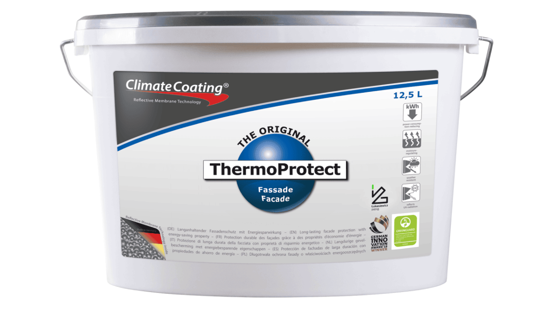 A white 12.5-liter bucket of ClimateCoating ThermoProtect Facade paint with a blue and red label, silver handle, and various certification and product information icons on the front.
