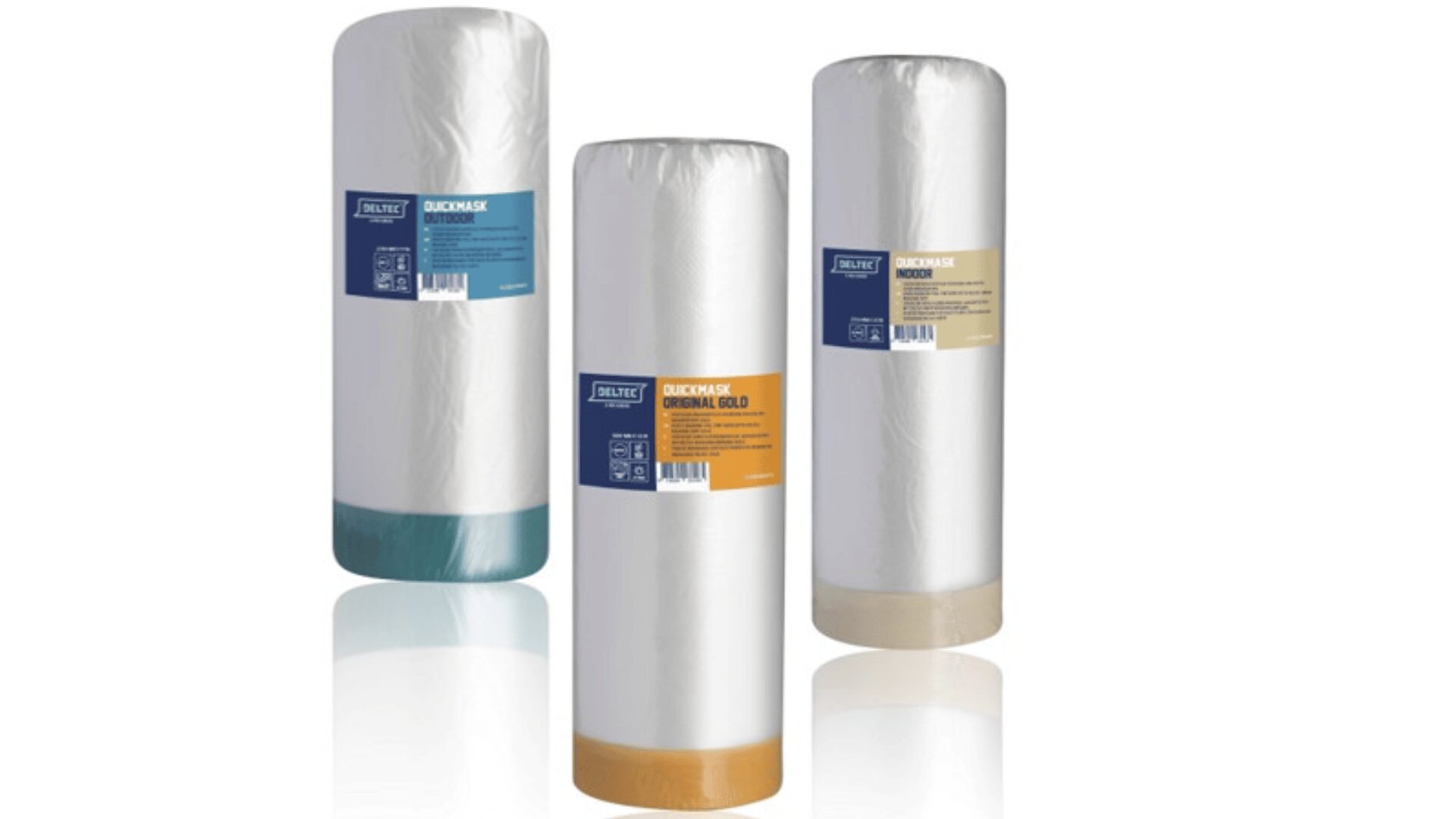 Three rolls of protective plastic film, each with a different colored label and base (blue, orange, and yellow), standing upright against a white background.