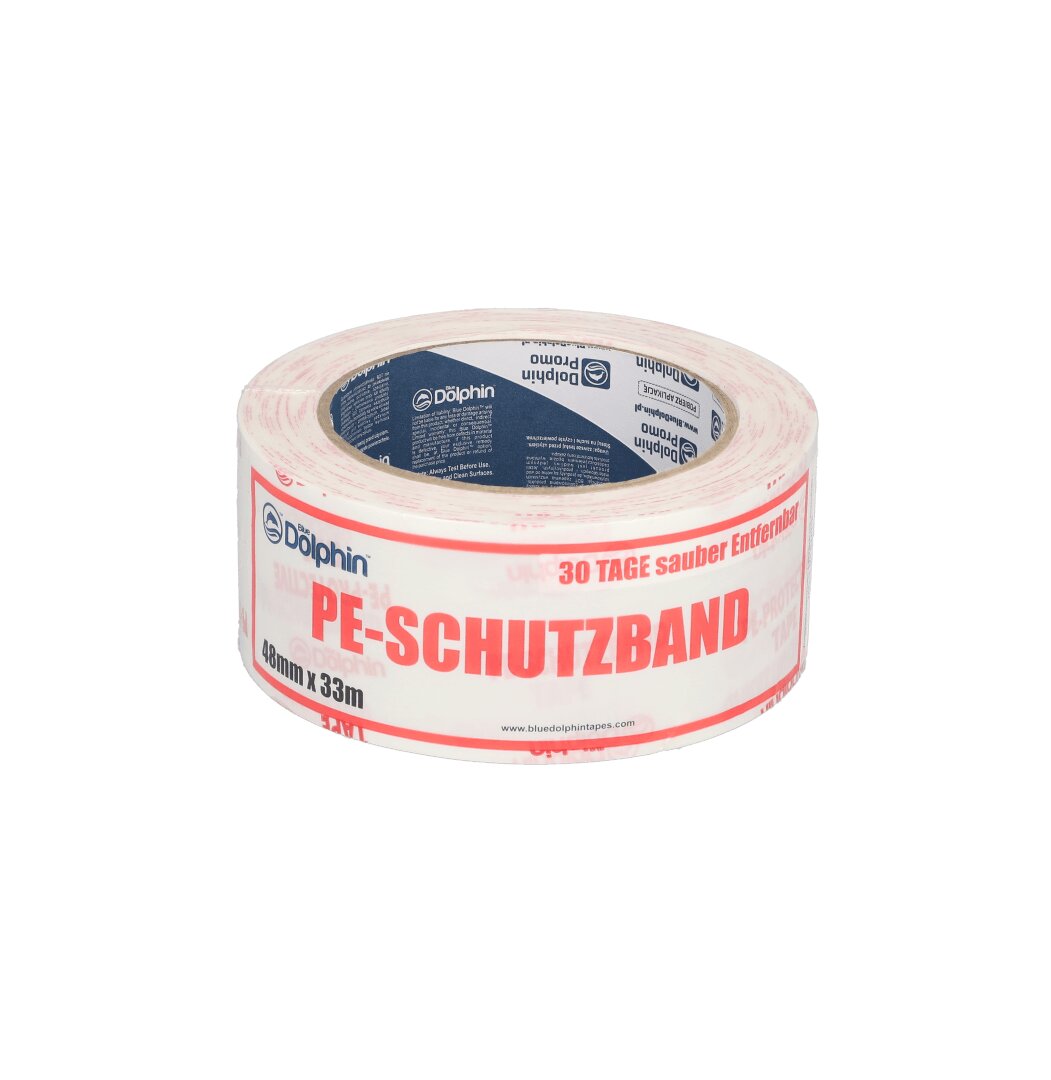Eine Rolle PE-Schutzband der Marke Dolphin, 40 mm x 33 m, mit rotem und blauem Text auf weißem Hintergrund.