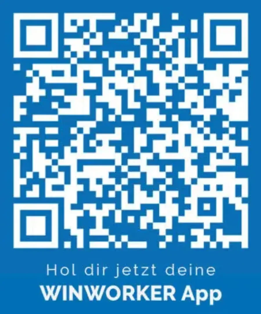 QR-Code auf blauem Hintergrund mit Text darunter: Hol dir jetzt deine WINWORKER App. Der QR-Code dient zum Herunterladen der WINWORKER App.