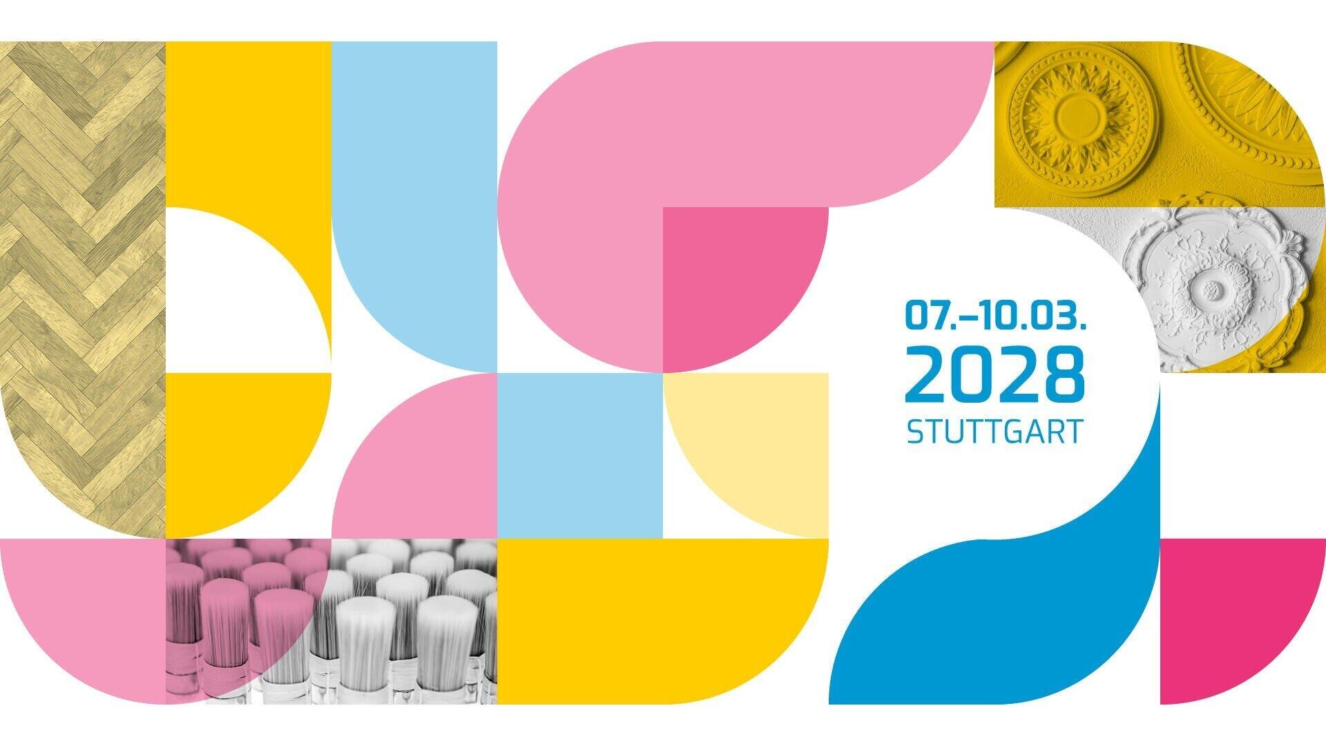 Abstraktes geometrisches Muster in Rosa, Blau, Gelb und Weiß mit Strukturen von Holz, Farbflaschen und Zierleisten. Der Text lautet 07.-10.03. 2028 STUTTGART in Blau.