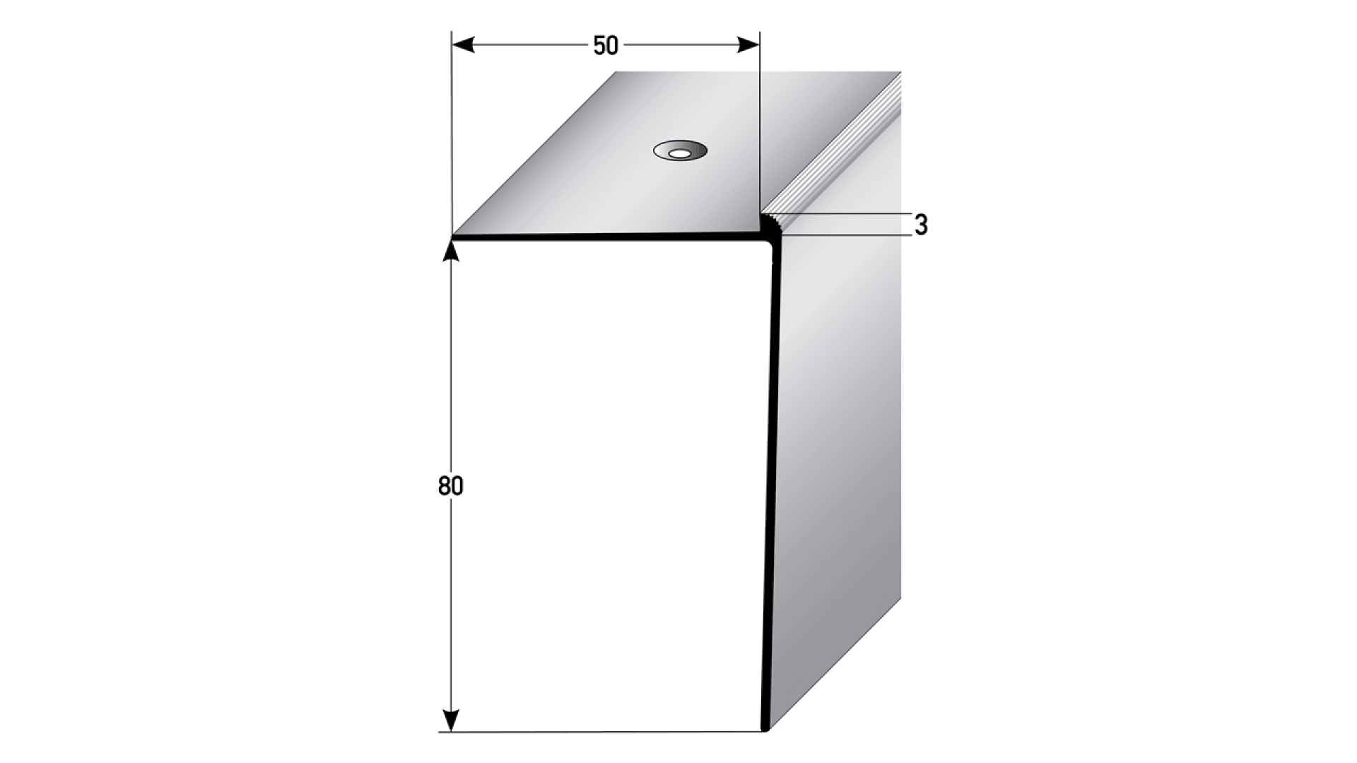 A 3D drawing of a rectangular metal sheet bent at a right angle, with dimensions labeled: height 80 units, top width 50 units, and thickness 3 units. A small hole is centered on the top surface.