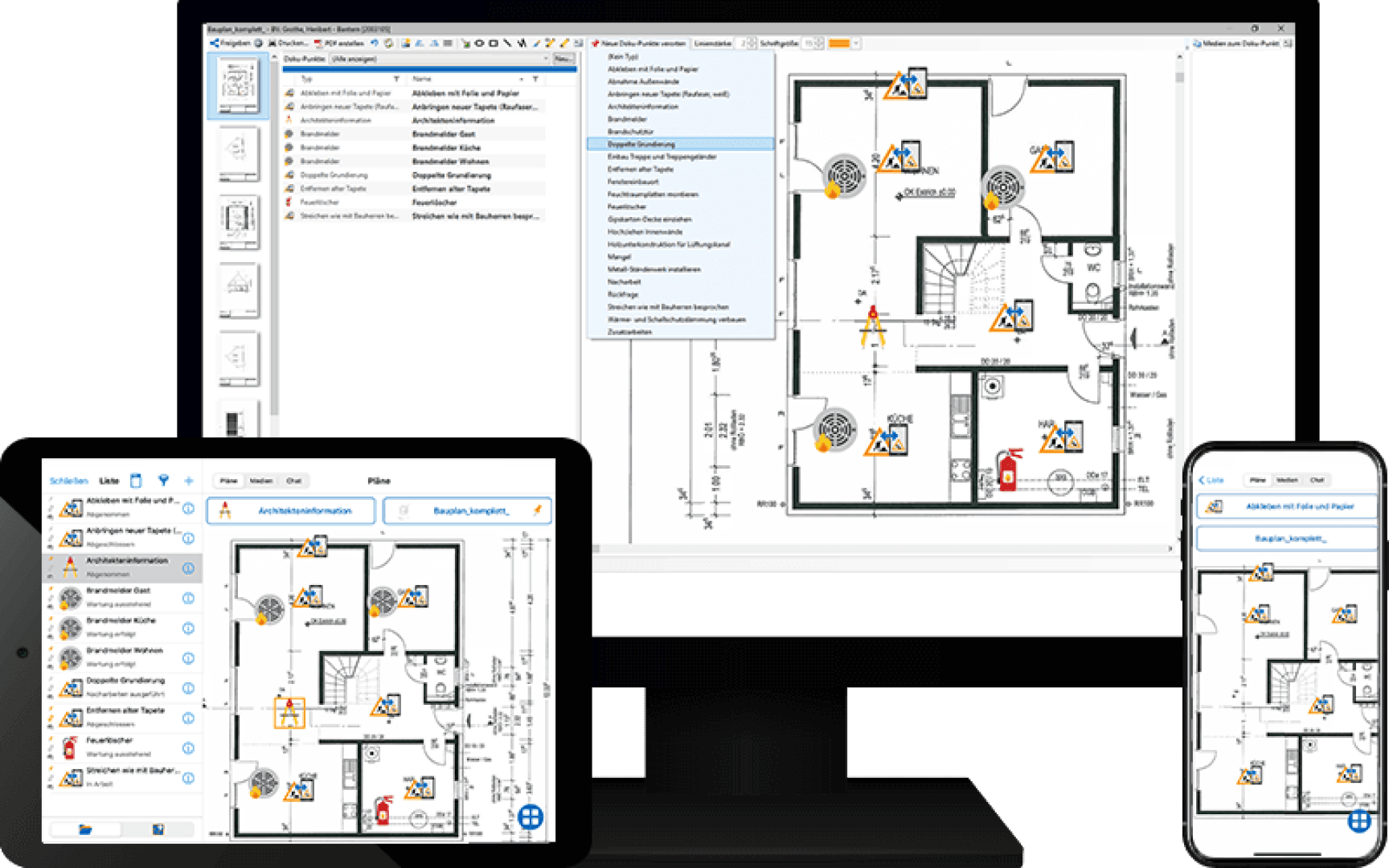 Auf einem Computermonitor, einem Tablet und einem Smartphone wird derselbe Grundriss mit technischen Symbolen und Anmerkungen angezeigt, und es wird Software zum Entwerfen oder Verwalten von Gebäudelayouts auf mehreren Geräten angezeigt.