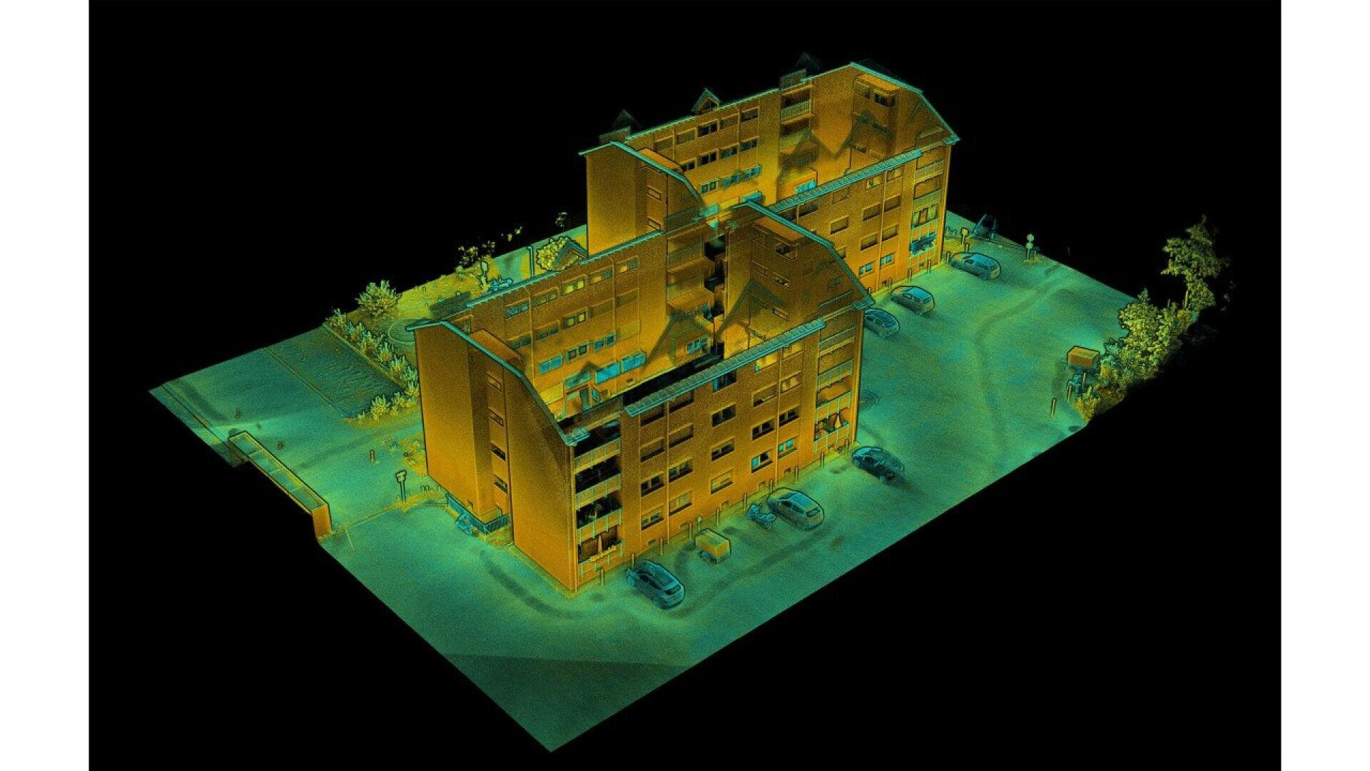A 3D point cloud scan of a multi-story apartment building with surrounding parked cars and greenery, displayed in orange and green tones on a black background.