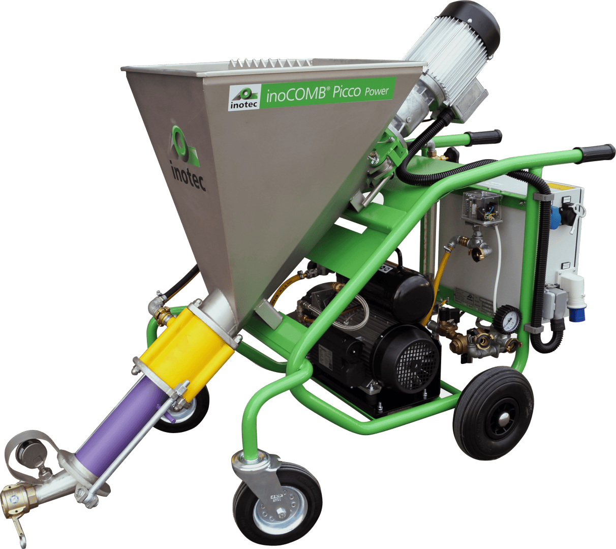 Eine grün-silberne Industriemaschine mit der Bezeichnung inoCOMB Picco Power von inotec, ausgestattet mit einem großen Trichter, Motor, Schläuchen, Rädern und Steuereinheit, konzipiert zum Mischen und Pumpen von Baumaterialien.