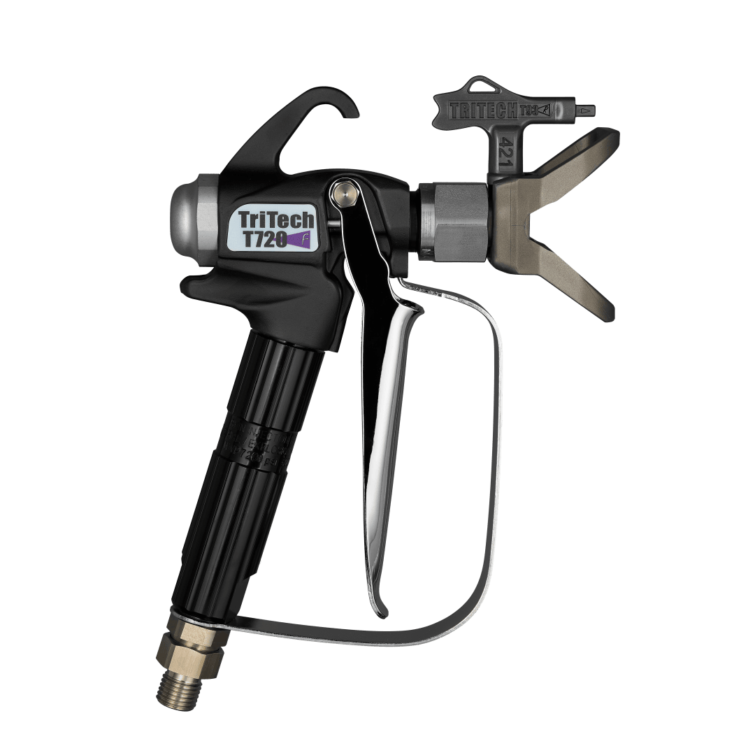 A black and silver TriTech T720 paint spray gun with a trigger handle, nozzle, and attached spray tip against a transparent background.