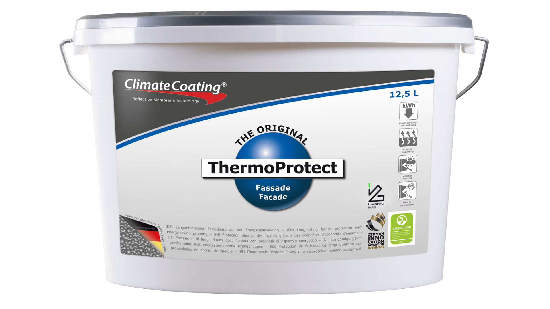Ein weißer 12,5-Liter-Plastikeimer mit der Aufschrift „ClimateCoating ThermoProtect Fassade Facade“ mit reflektierender Membrantechnologie und verschiedenen Symbolen, die auf Wärme-, Kälte- und Energiesparfunktionen hinweisen.