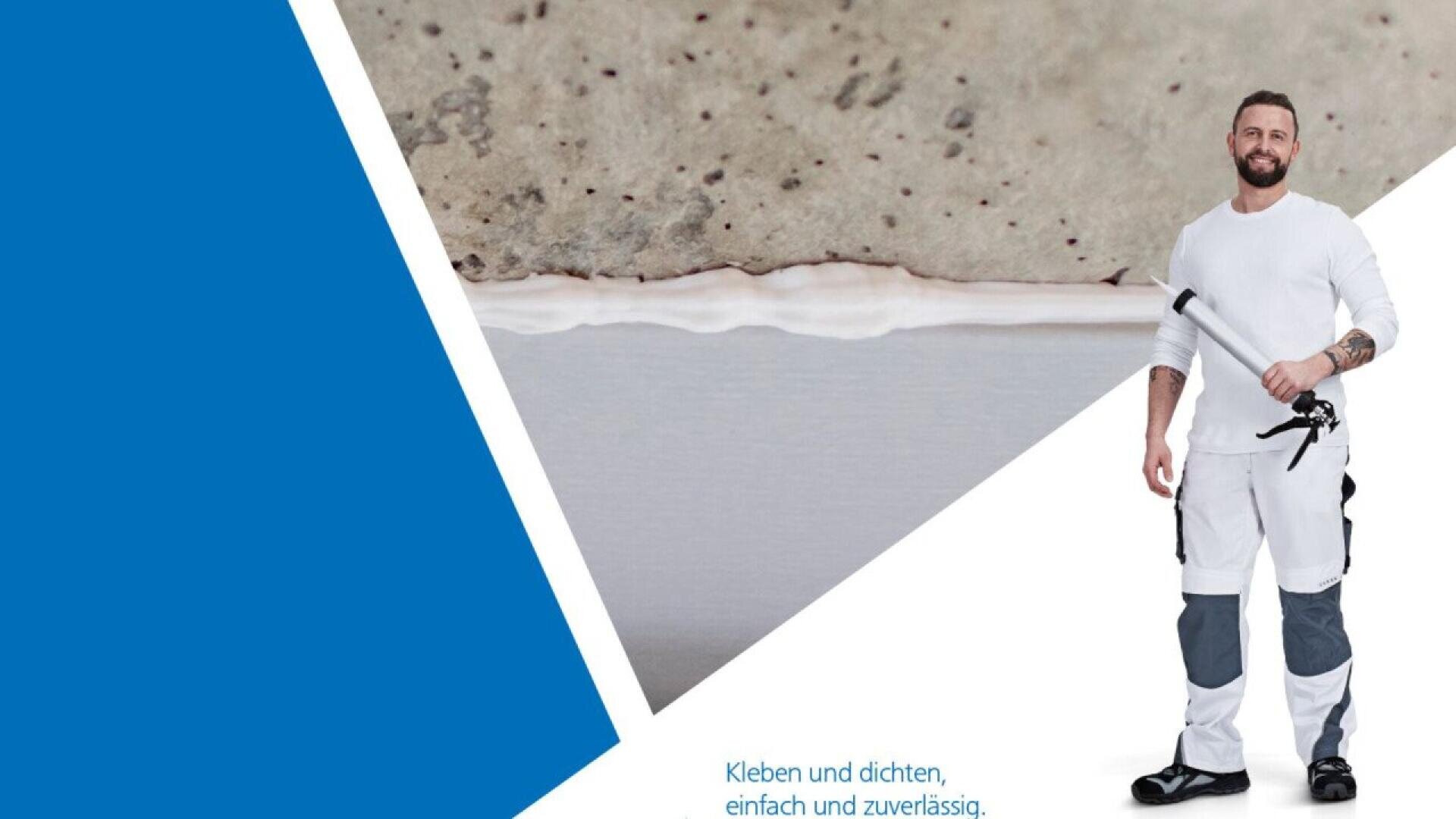 A man in white work clothes holding a caulking gun stands next to a close-up image of a sealed joint in a wall or floor, with blue and white geometric backgrounds.