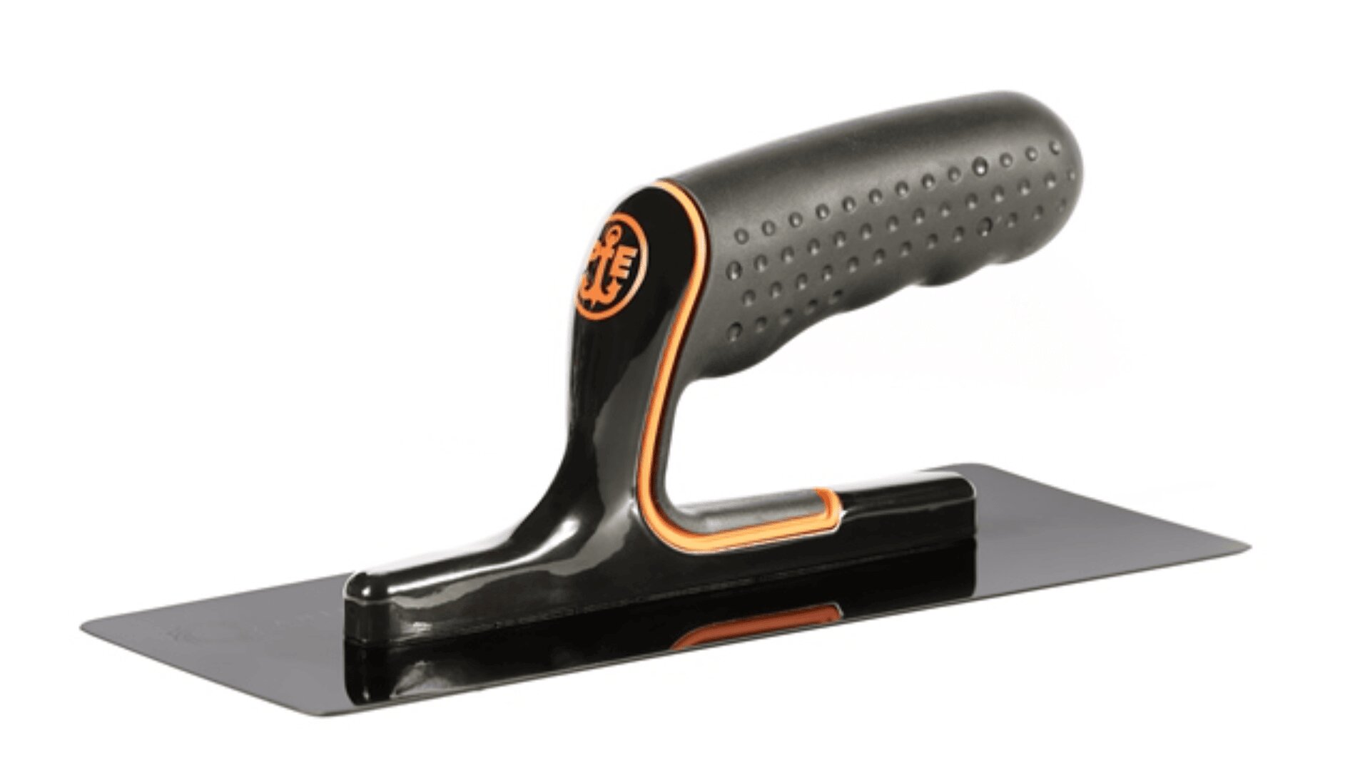 A black plastering trowel with an ergonomic, dotted handle and an orange accent, placed on a white background.