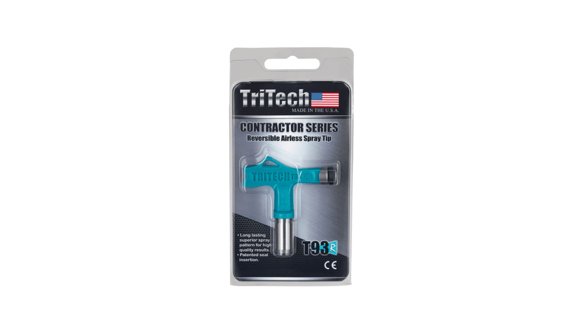 Umkehrbare Airless-Spritzspitze (T93R) der TriTech Contractor-Serie in Blau, verpackt in einem durchsichtigen Kunststoffgehäuse mit Beschriftung und amerikanischer Flagge, konzipiert für professionelles Farbspritzen.