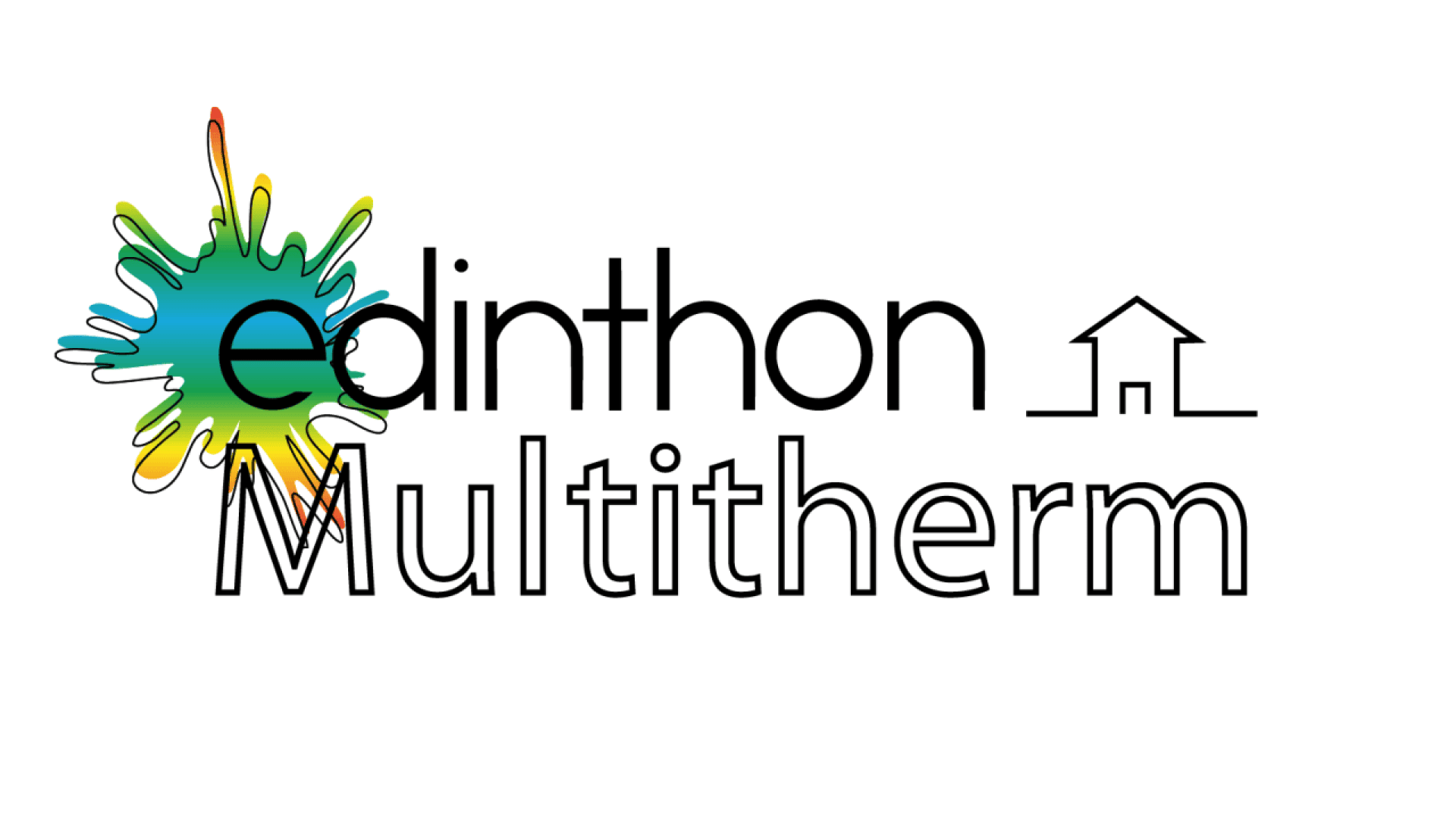 Logo with the text Edinthon Multitherm. The E is stylized as a colorful splash of green, yellow, and blue, and a simple house icon appears above the letters th. The background is white.