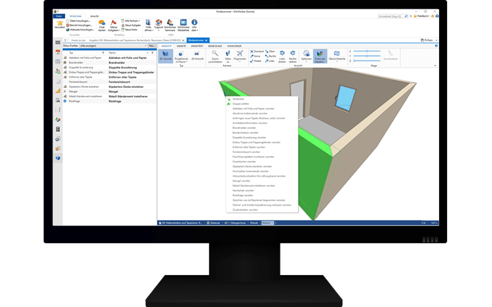 Auf einem Computerbildschirm wird eine Wohndesign-Software mit einem 3D-Modell eines Raumes angezeigt. Über dem Modell sind Menüs, Symbolleisten und eine Dropdown-Liste mit Anpassungsmöglichkeiten für den virtuellen Raum sichtbar.