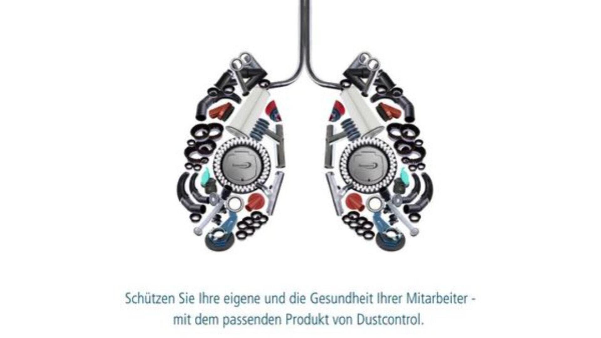 Two mechanical lungs made of gears and industrial parts hang from tubes, symbolizing respiratory health. German text below promotes Dustcontrol products for protecting personal and employee health.