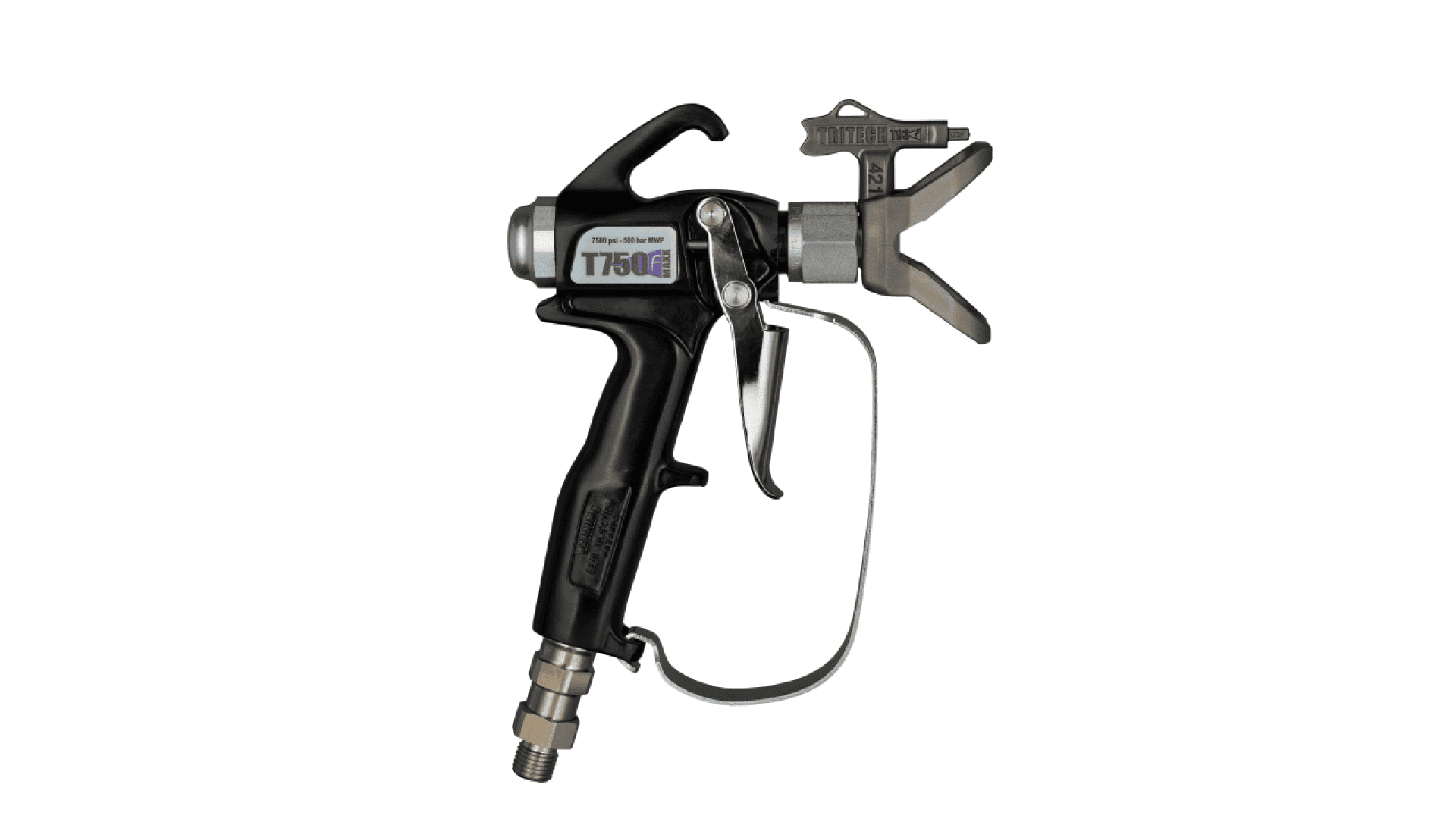 Eine schwarze Airless-Farbspritzpistole mit Abzug, Schutz und Düse aus Metall auf weißem Hintergrund. An der Seite des Geräts ist die Bezeichnung TITAN T500 zu sehen.