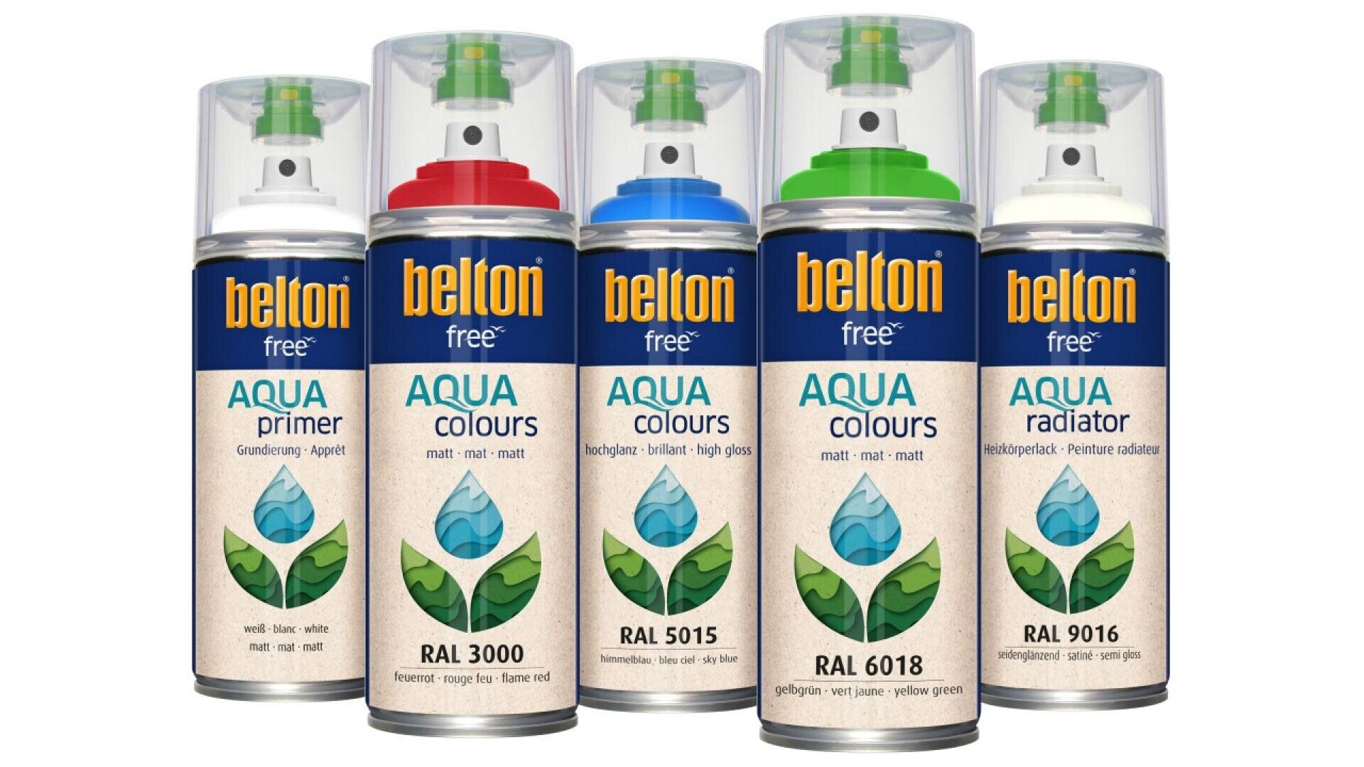 Five Belton free Aqua spray paint cans in a row, each with different colored caps: gray, red, blue, green, and white. Each can displays a water drop graphic and specific RAL color codes.