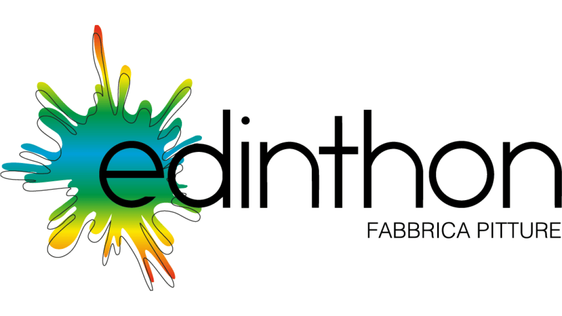 Logo with the word edinthon in black, partially overlaid on a colorful paint splash. FABBRICA PITTURE appears in smaller black text to the lower right.