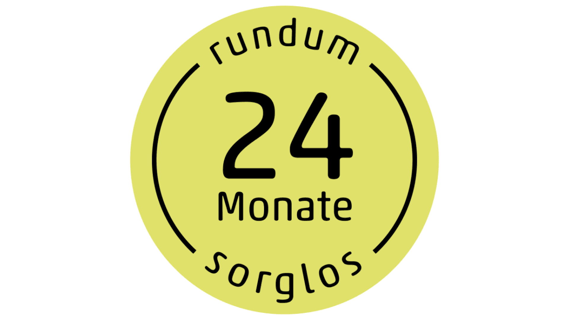 A yellow circular badge with the text 24 Monate rundum sorglos in black, meaning 24 months all-round carefree in German.