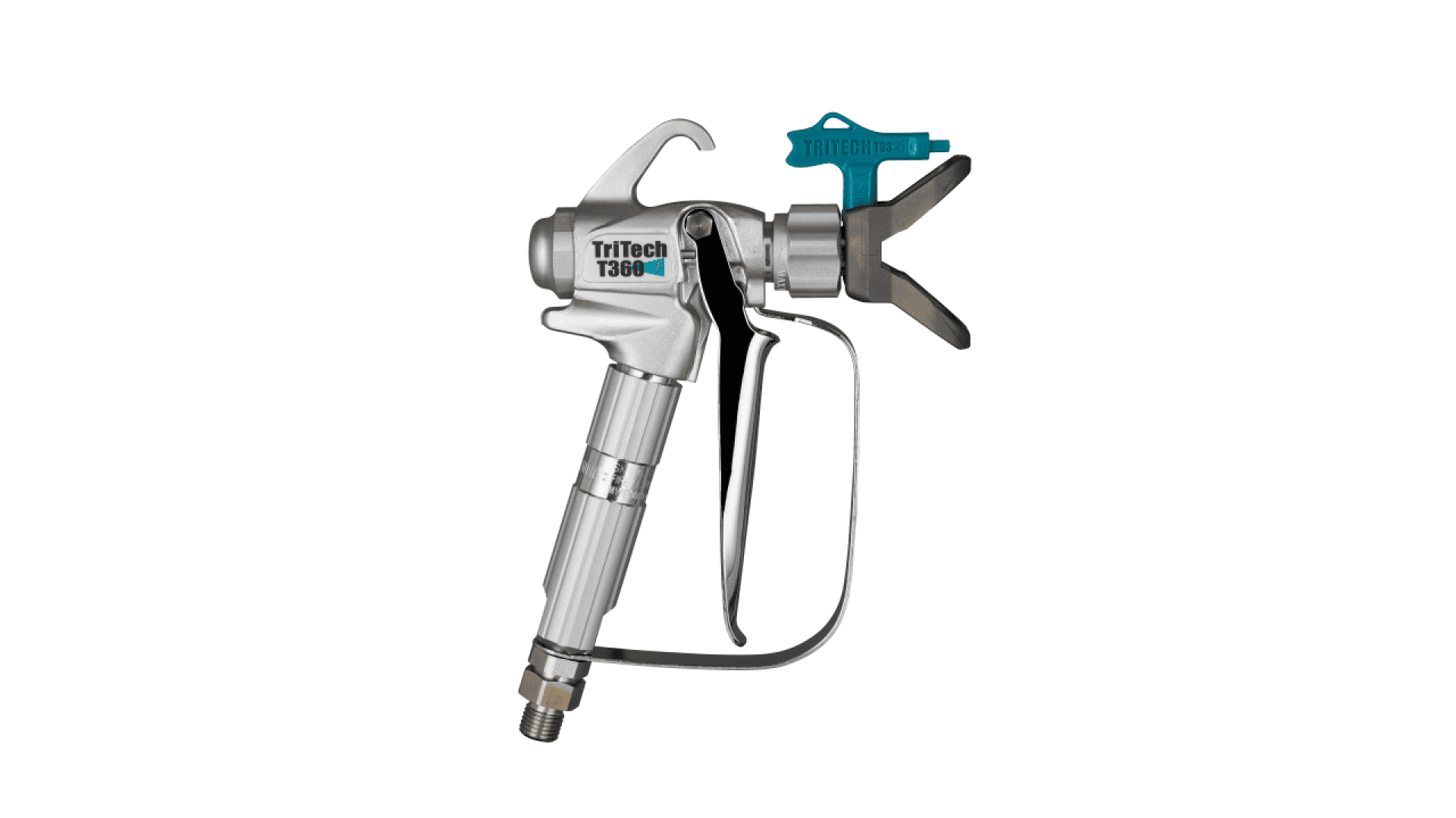 Eine metallische TriTech T360-Spritzpistole mit schwarzem Abzug, blauem Düsenschutz und geripptem Griff, abgebildet vor einem weißen Hintergrund.