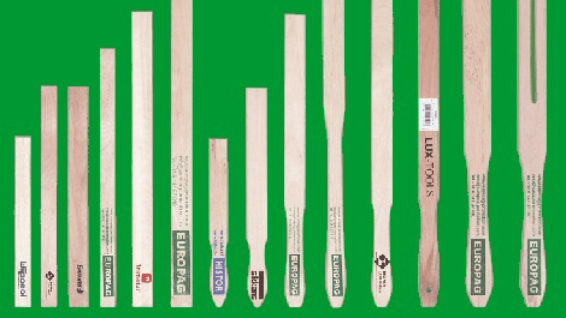 A row of wooden paint stir sticks of various lengths, each labeled with different brand names and logos, arranged vertically against a solid green background.