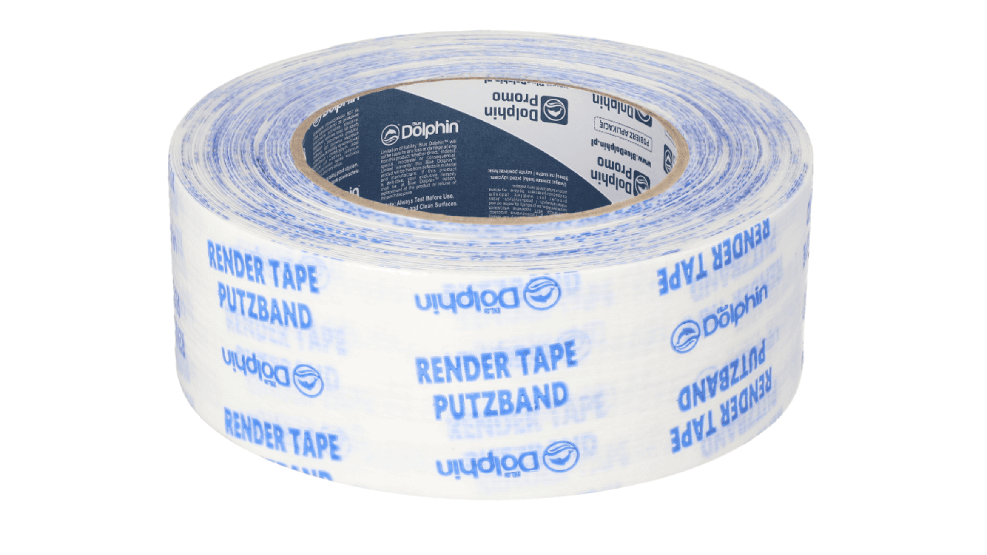A roll of clear tape with blue text that reads Dolphin, RENDER TAPE, and PUTZBAND. The tape is partially unrolled and has a white core with product information inside.