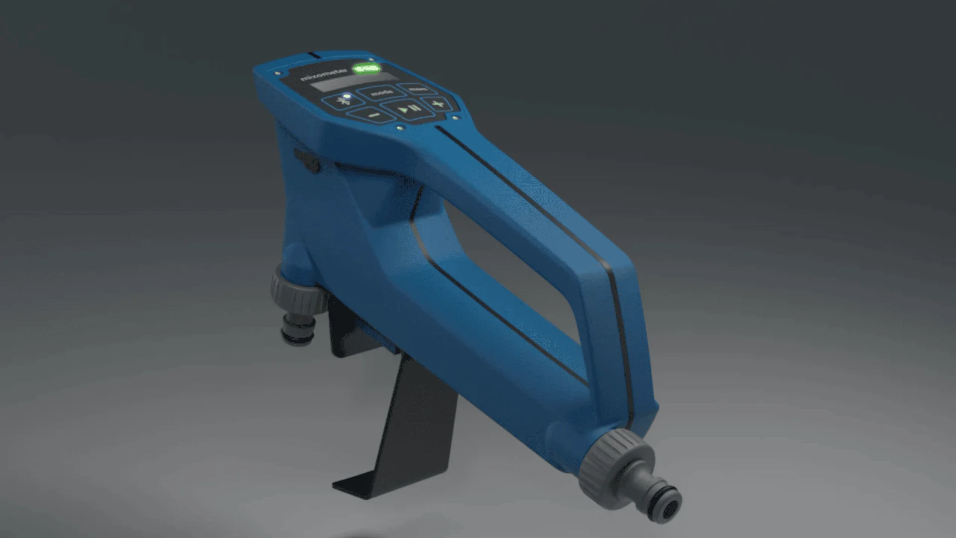 Ein blaues tragbares elektronisches Gerät mit einer digitalen Anzeige und Steuertasten oben, zwei Düsenaufsätzen unten und einem schwarzen Ständer darunter, vor einem neutralen Hintergrund mit Farbverlauf.