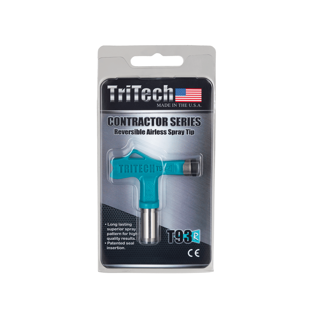 A packaged TriTech Contractor Series Reversible Airless Spray Tip, model T93R, with a blue spray tip visible inside the clear plastic, and an American flag on the label.