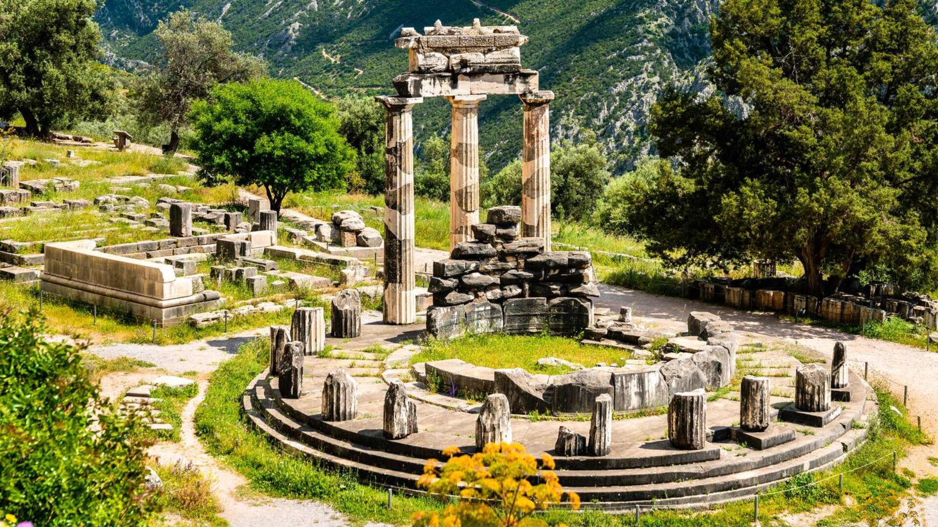 Antike griechische Ruinen der Tholos von Delphi mit runden Steinsäulen, umgeben von Grün und Bäumen, vor der Kulisse bewaldeter Berge.