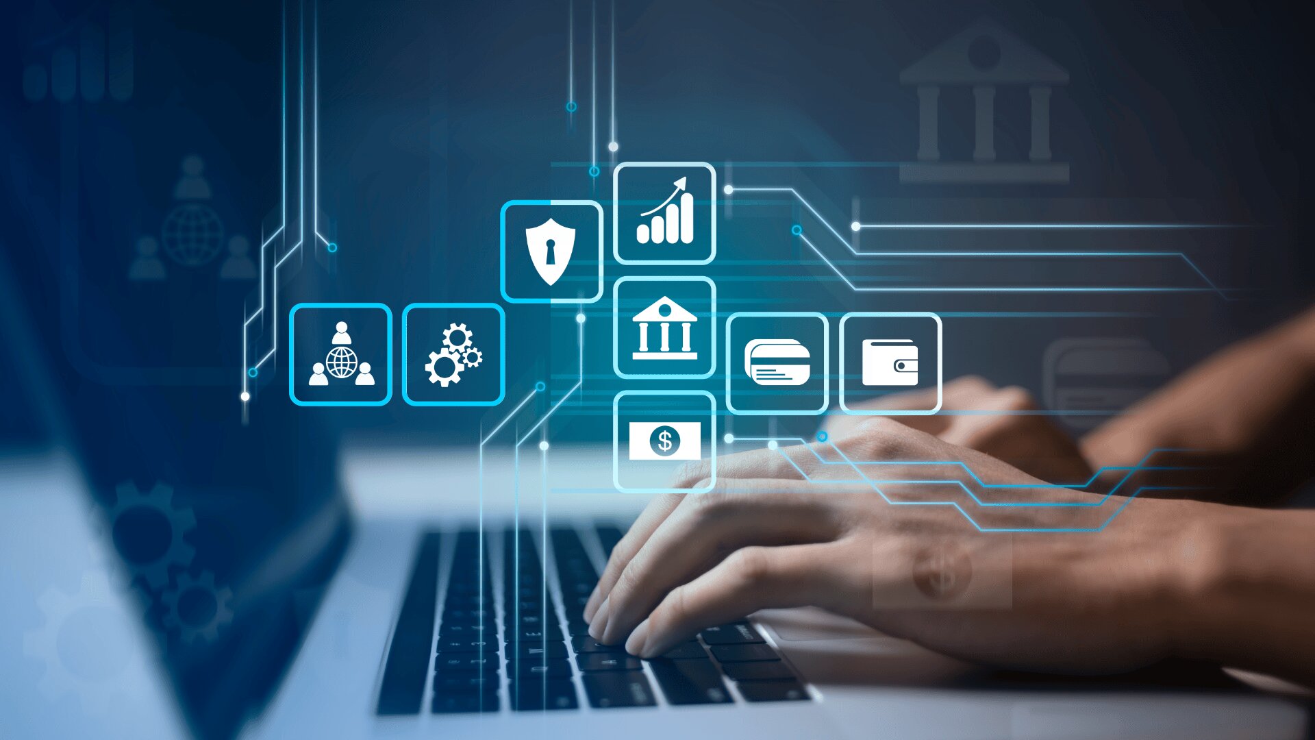 Hände tippen auf einer Laptoptastatur, über der Symbole für digitales Banking, Sicherheit und Finanztechnologie schweben, die für Online-Banking, Fintech und digitale Finanzdienstleistungen stehen.