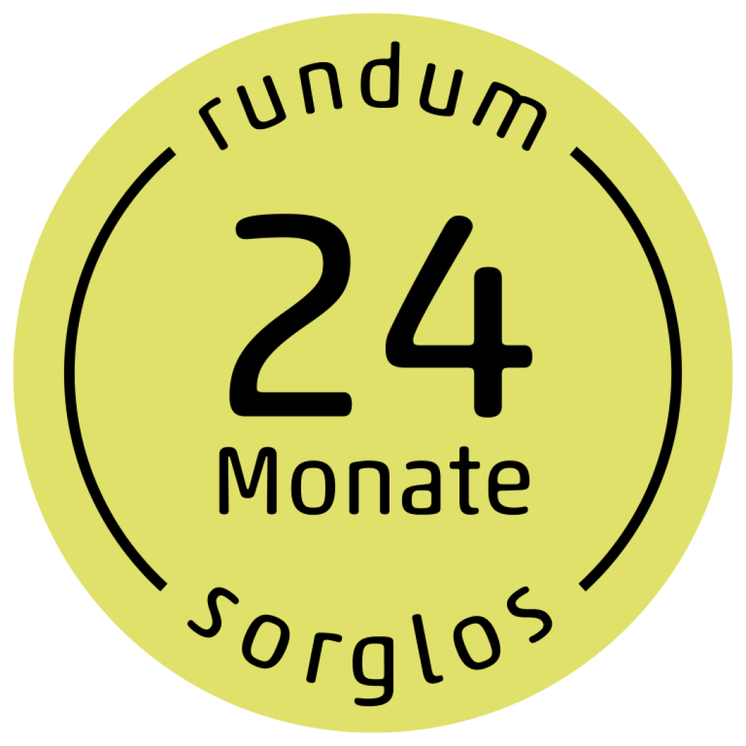 Ein runder gelber Button mit der Aufschrift „24 Monate rundum sorglos“ in Schwarz, was auf Deutsch „24 Monate rundum sorglos“ bedeutet.