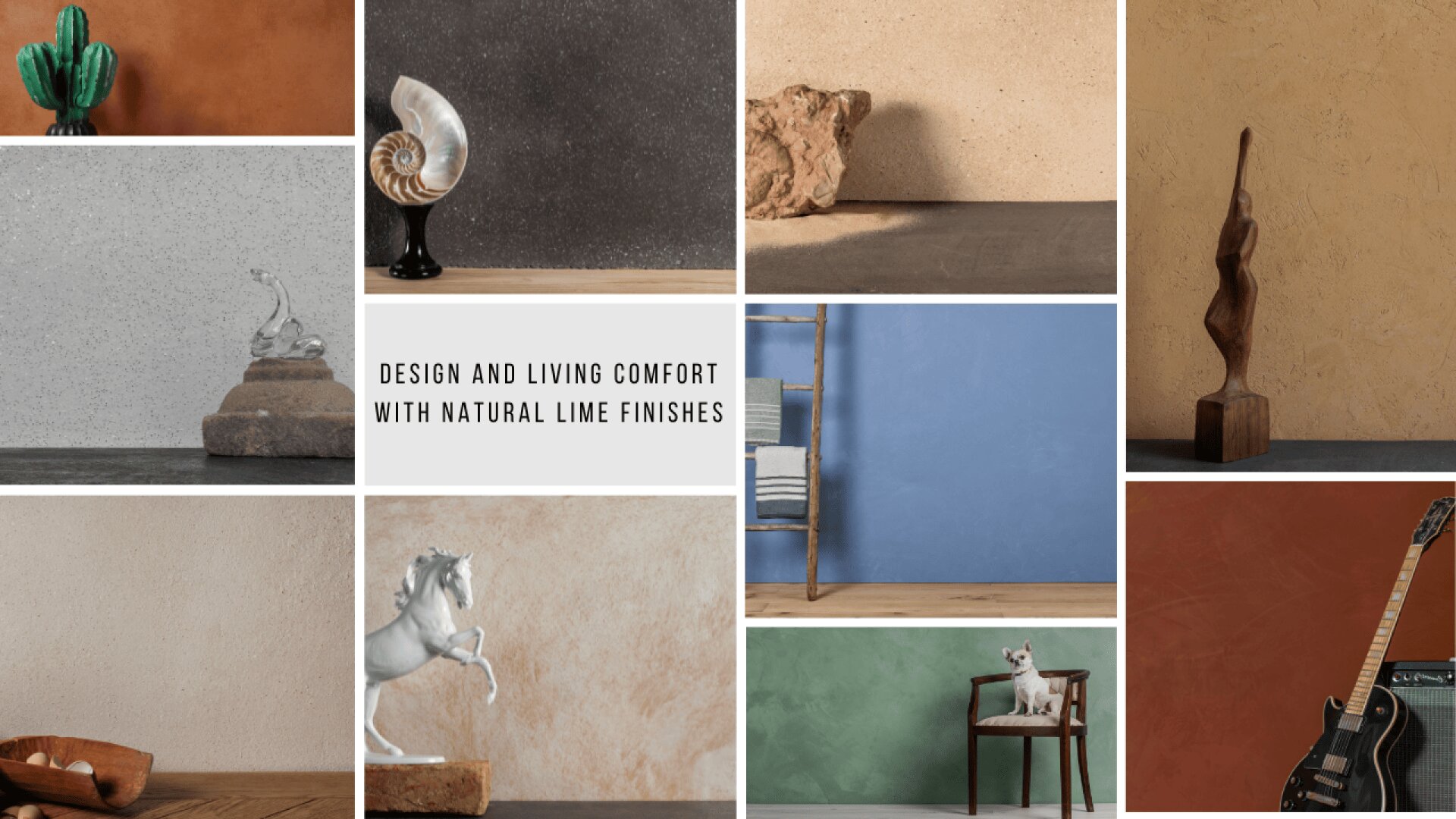 A collage showing decorative objects and textured walls in various colors, with the text Design and living comfort with natural lime finishes in the center. Objects include statues, a guitar, and a display shelf.
