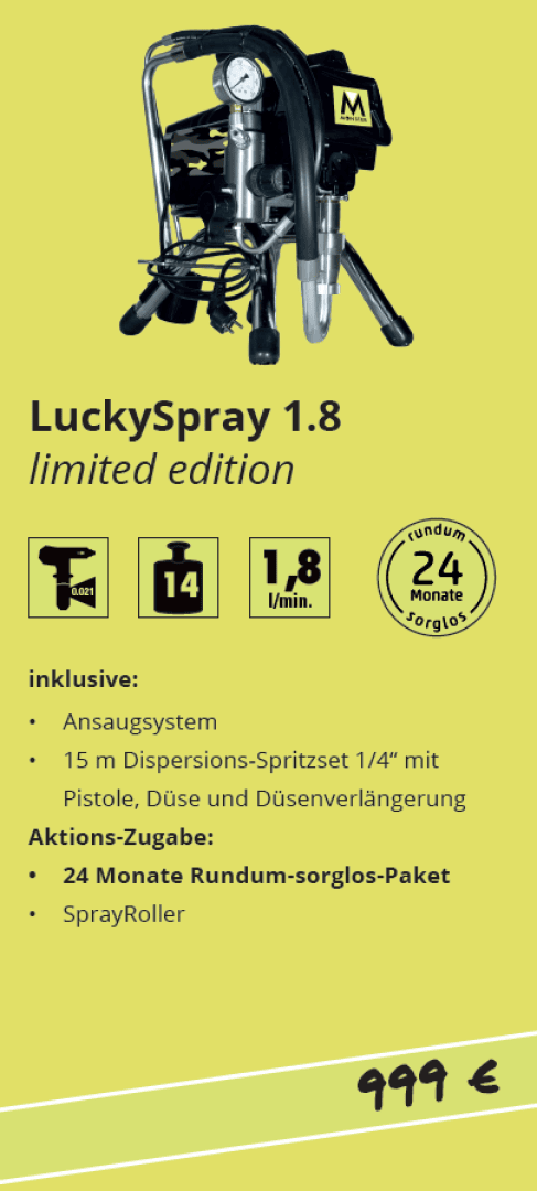 Werbeflyer für die LuckySpray 1.8 Limited Edition Sprühmaschine mit Gerät, Funktionen und Preis von 999 Euro. Details wie Durchflussrate, 24-monatiger Service und Zubehör sind enthalten. Gelber Hintergrund.
