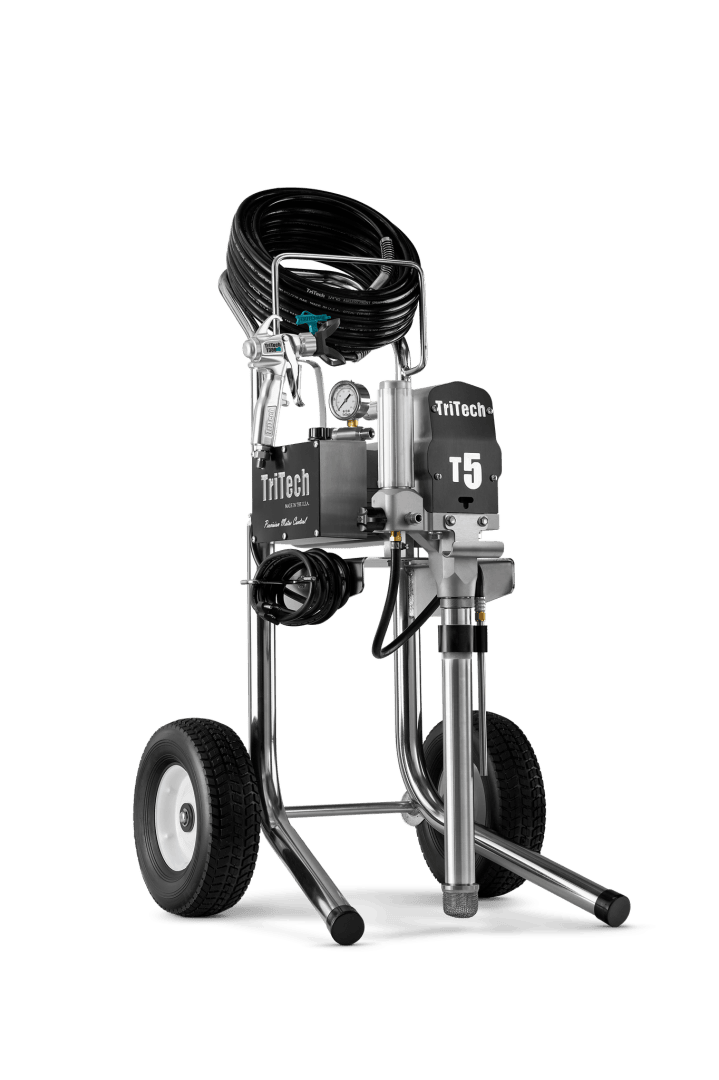 A TriTech T5 airless paint sprayer with a hose coiled on top, pressure gauge, and sturdy frame mounted on two large wheels for mobility, shown on a plain background.