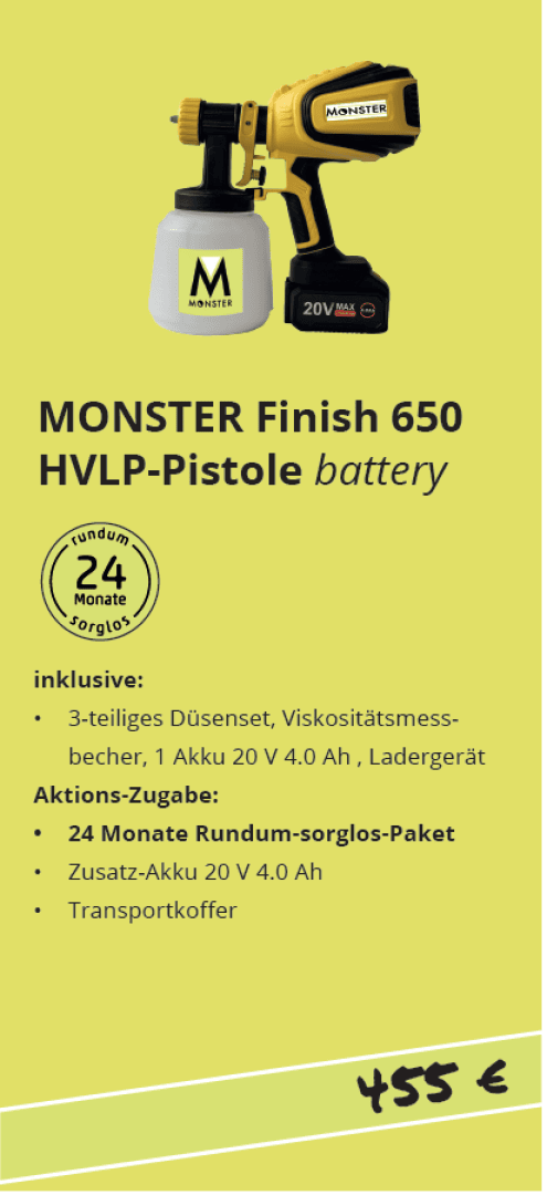 Abgebildet ist ein gelb-schwarzes MONSTER Finish 650 HVLP Akku-Spritzpistolen-Set mit seinen Komponenten. Im Text werden Funktionen, Zubehör, ein 24-monatiges Sorglos-Paket und der Preis von 455 Euro hervorgehoben.
